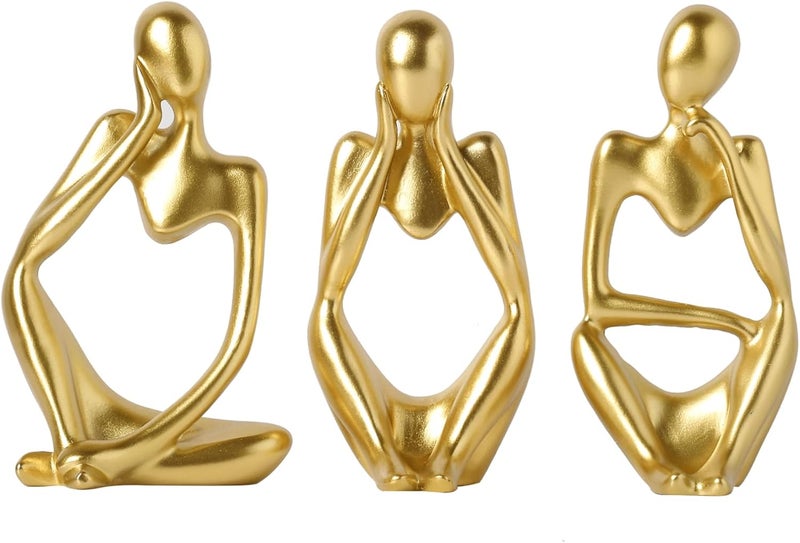BrownLove 3pcs Golden Decor Thinker Statue Abstract Art Sculpture，Resin Collectible Figurines for Home Living Room Office Shelf Decoration - Image 1